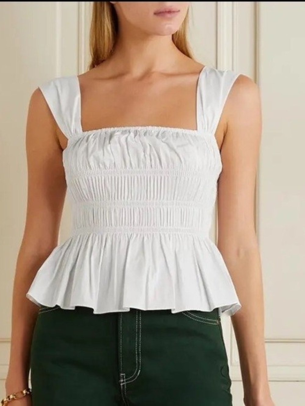 STAUD Ida Shirred Cotton-Blend Poplin Peplum Top